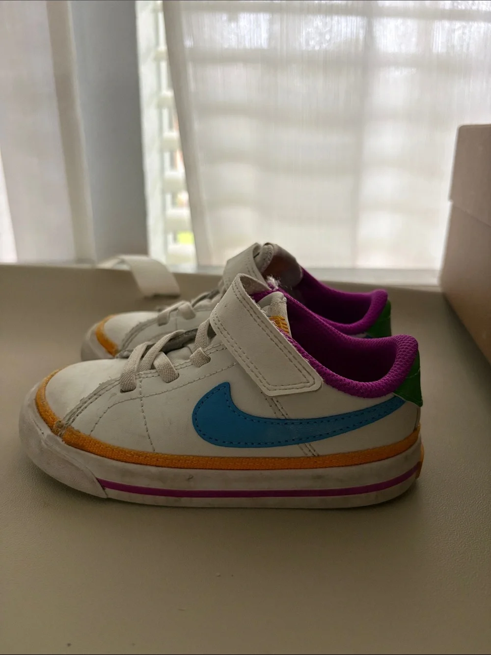 Nike Kids White Sneakers with Blue Swoosh & Purple Lining